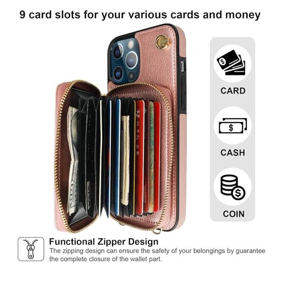 Crossbody Wallet Case iPhone Pro Max 13 RFID Zipper Card Holder Flip Cover - Picture 2 of 9